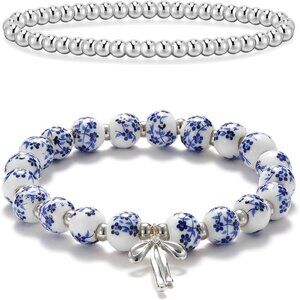 Beaded Charm Blue Silver Bracelet Women Vintage Flower Handmade Romantic Jewelry